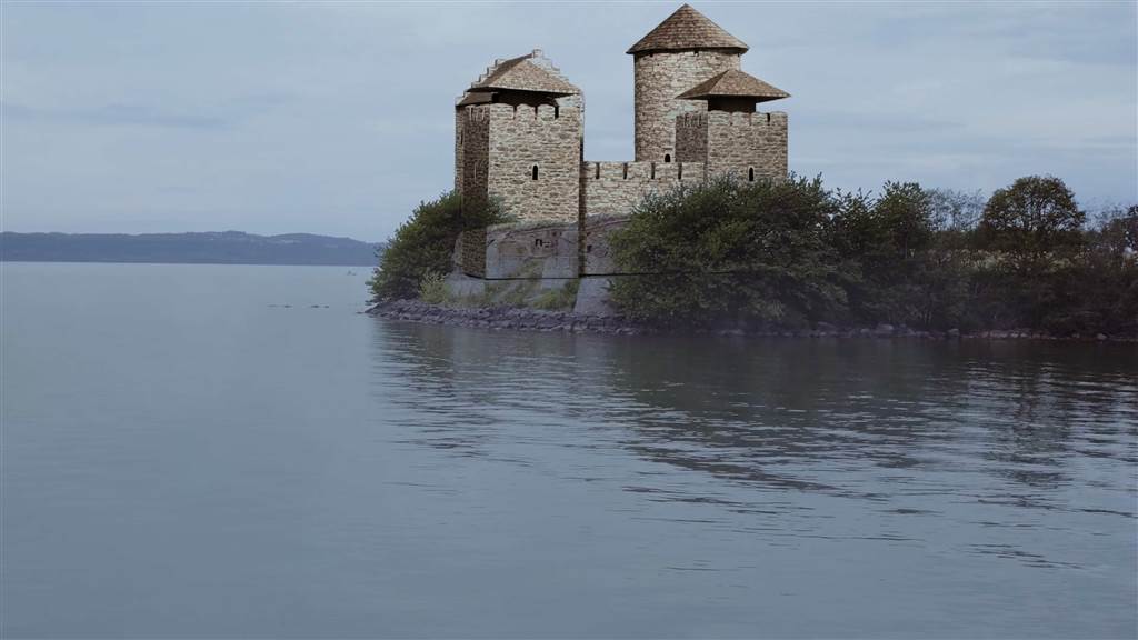Näs borg i två skepnader. Till vänster hur den ser ut idag och den till höger är en 3d-rekonstruktion som gjordes för filmen.